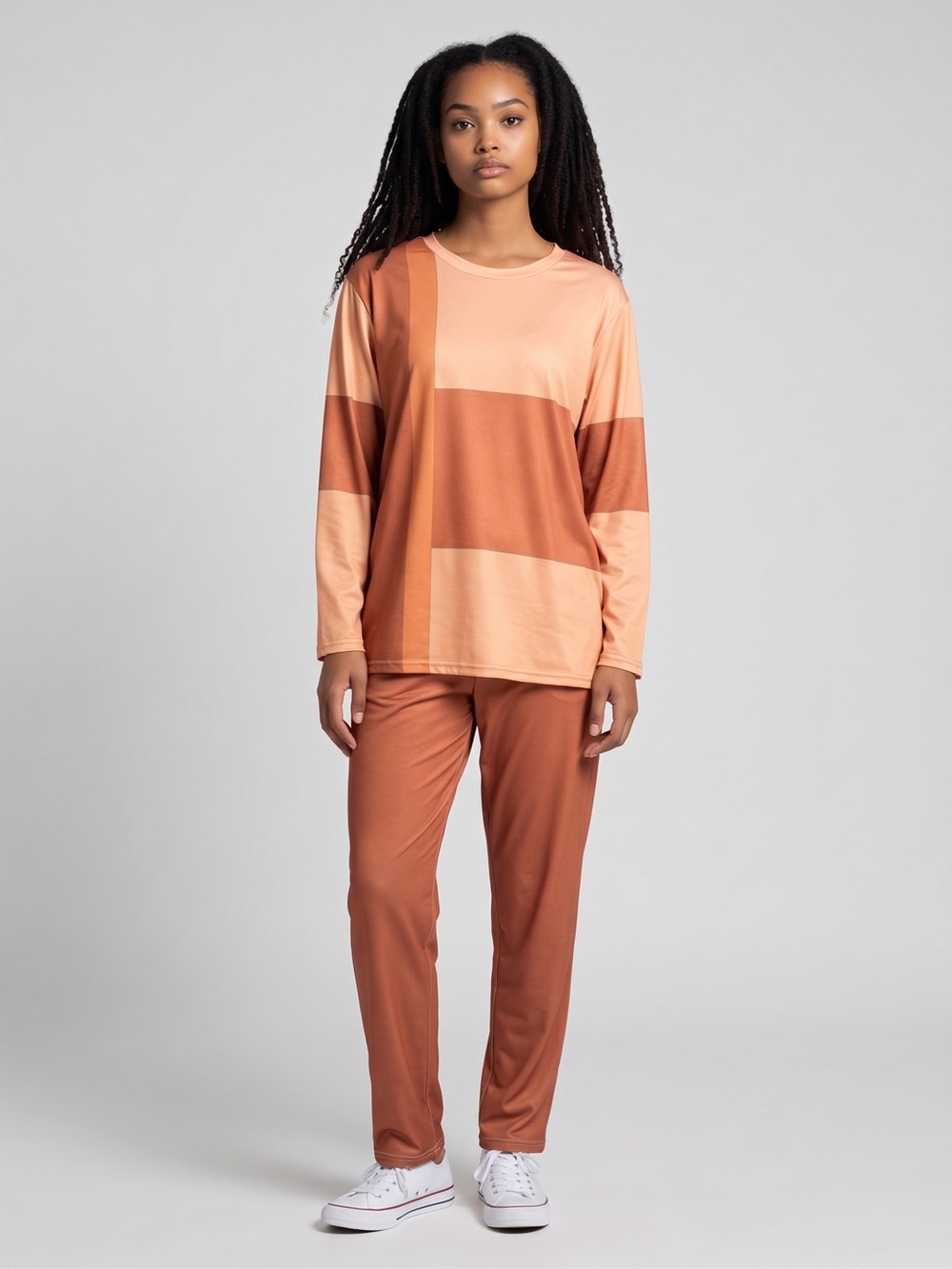 Women’s 2 Piece Long Sleeve Top & Pants Peach/Brown Colorblock Size-XXL NEW